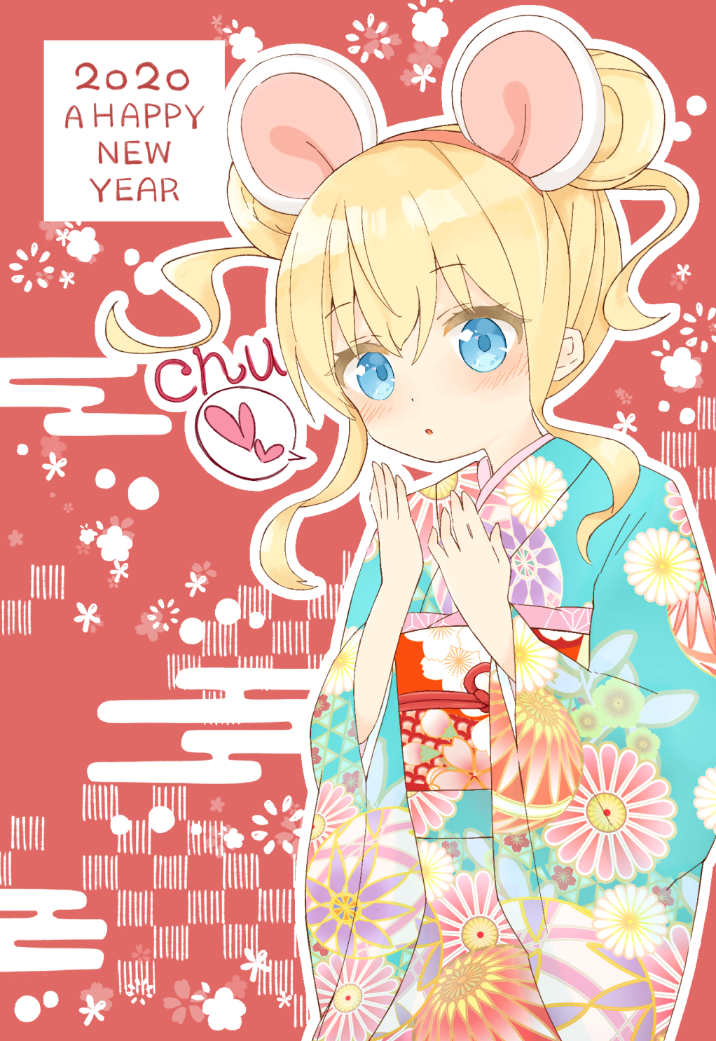 1girl 2020 alice_cartelet alternate_costume alternate_hairstyle animal_ear_fluff animal_ears bands blonde_hair blue_eyes blunt_bangs blush chinese_zodiac double_bun egasumi english_text fingernails fireworks_print floral_print floral_print_kimono furisode hair_between_eyes hair_bun hands_up happy_new_year head_tilt highres japanese_clothes kimono kin-iro_mosaic long_hair looking_at_viewer mouse_ears new_year obi print_kimono red_background ribbon sash sidelocks solo upper_body wide_sleeves yamadin