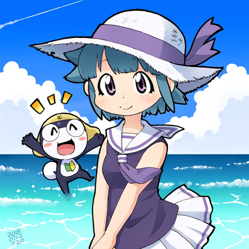 1boy 1girl 2018 alien arms_up beach blue_sky blush breasts dated hat keroro_gunsou nishizawa_momoka outdoors purple_eyes purple_shirt sailor_collar shirt shoshinsha_mark skirt sky sleeveless small_breasts smile sun_hat tail tamama white_skirt wind
