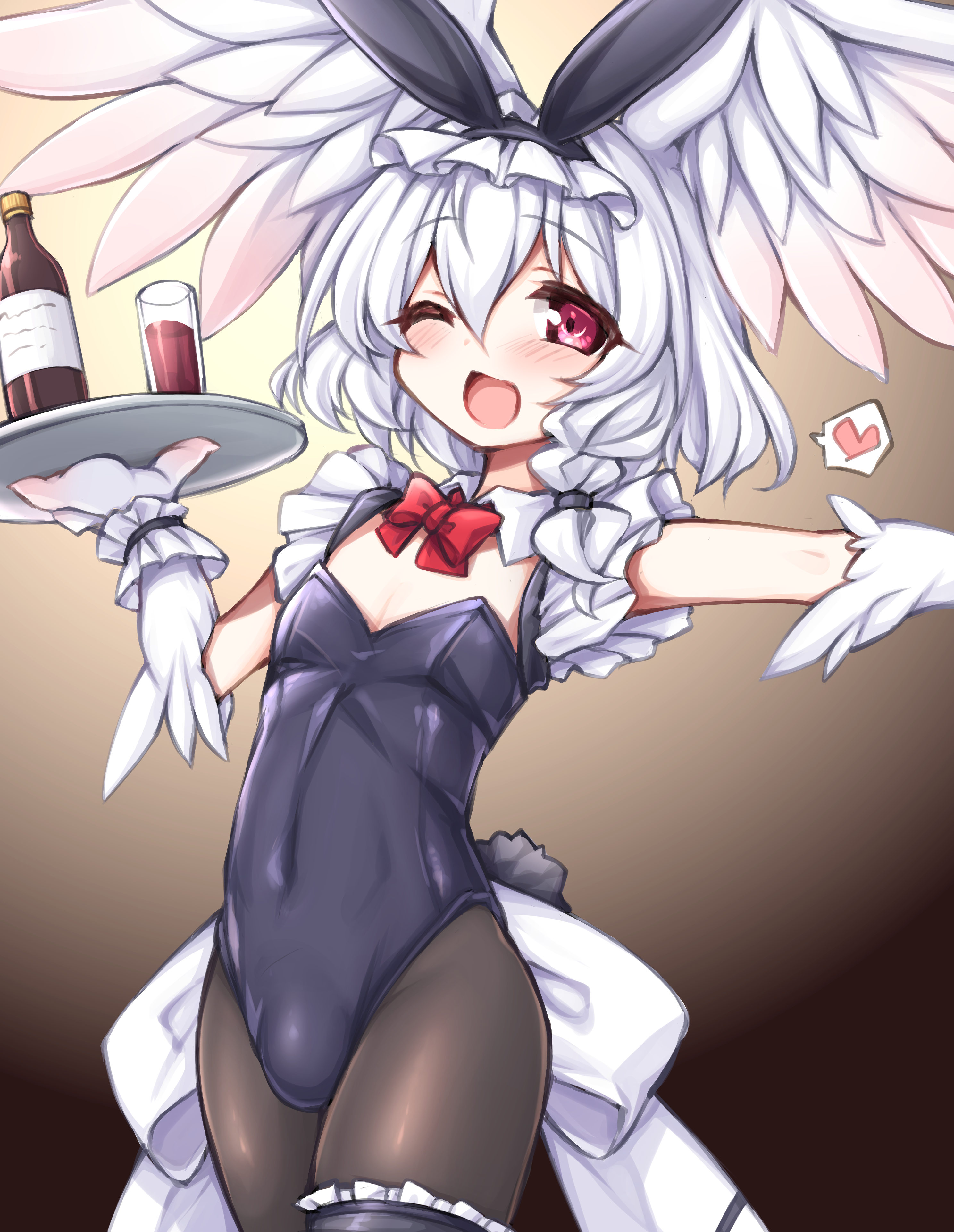1boy absurdres animal_ears bird_boy black_leotard black_pantyhose bulge commentary_request cowboy_shot crossdressing crossdressing_(mtf) fake_animal_ears fake_tail frilled_thigh_strap harpy_boy head_wings heart highres holding holding_tray kinomiki_nobori leotard looking_at_viewer male_focus monster_boy one_eye_closed open_mouth original pantyhose playboy_bunny rabbit_ears rabbit_tail red_eyes short_hair solo speech_bubble spoken_heart strapless strapless_leotard tail talons thigh_strap trap tray white_hair wings