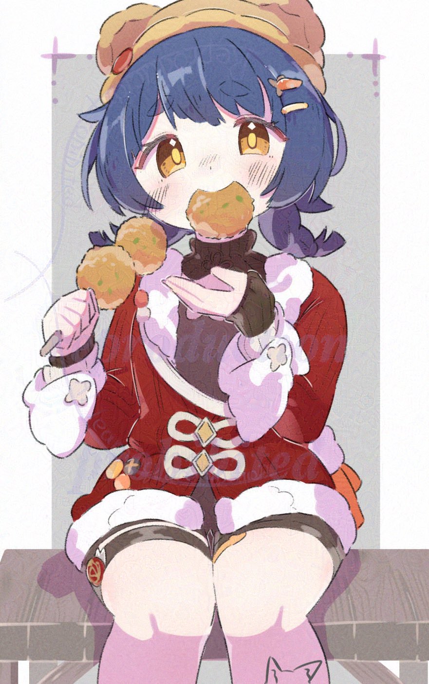 1girl adversarial_noise black_shorts blue_hair blush braid chicken_(food) eating feet_out_of_frame food fried_chicken fur_trim genshin_impact hair_ornament hairclip hat highres holding holding_food inaririn jacket long_sleeves looking_at_viewer official_alternate_costume red_jacket shorts sitting solo sweater turtleneck twin_braids xiangling_(genshin_impact) xiangling_(new_year&#039;s_cheer)_(genshin_impact) yellow_eyes