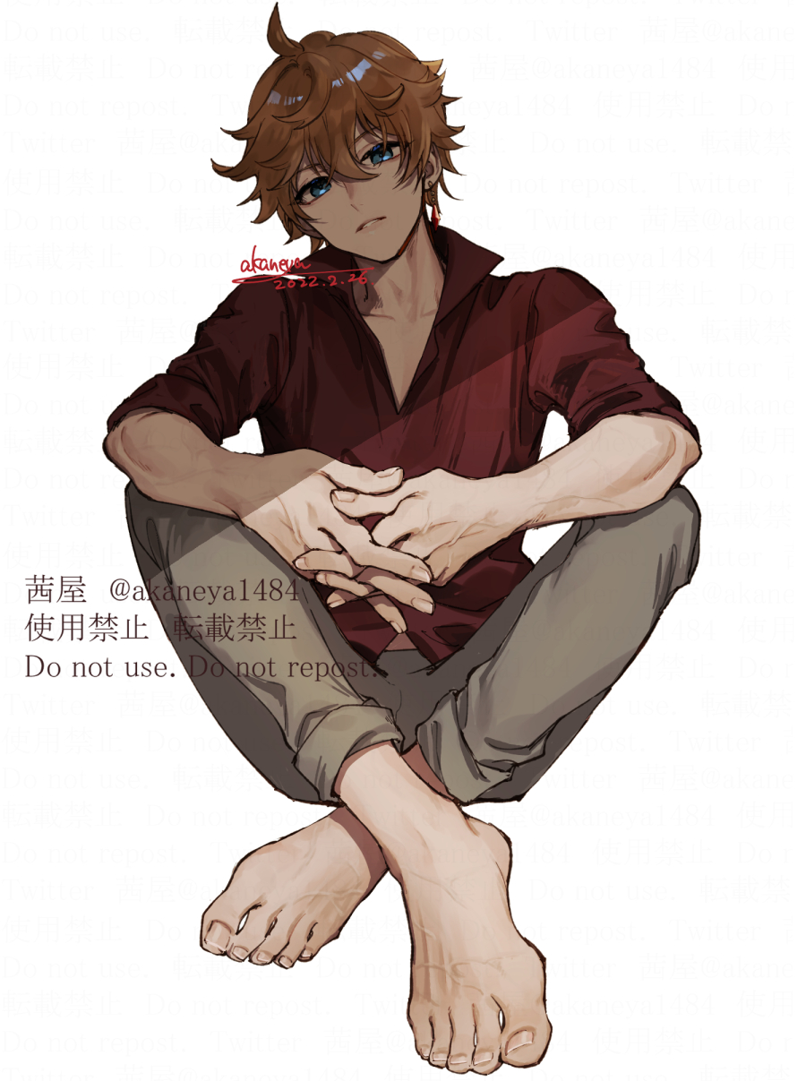 1boy ahoge artist_name barefoot collarbone feet fingernails genshin_impact hair_between_eyes highres looking_at_viewer male_focus ojo_aa orange_hair red_shirt shirt short_sleeves simple_background tartaglia_(genshin_impact) toenails toes veins veiny_feet veiny_hands watermark white_background