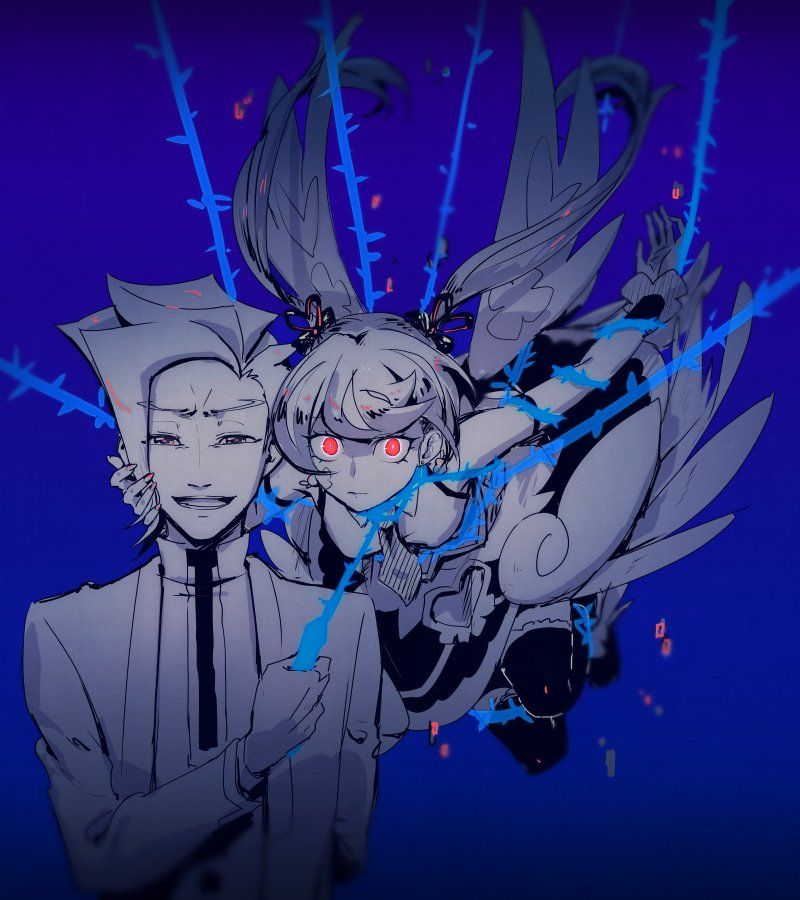 1boy 1girl alternate_form arm_behind_back armlet artist_request black_thighhighs blue_angel_(yu-gi-oh!) blue_background bound bound_arms bound_legs bound_torso bound_wrists captured corset dress evil_smile facial_mark facing_viewer flying grey_eyes grin hair_ornament hand_on_another&#039;s_cheek hand_on_another&#039;s_face heart heart_hair_ornament holding holding_rope jacket jewelry looking_ahead low_twintails mind_control monochrome necktie open_clothes open_jacket parted_hair partially_colored red-eye_effect rope rope_around_neck scrunchie shirt short_hair sleeveless sleeveless_dress smile source_request spectre_(yu-gi-oh!) striped_necktie suspension thighhighs thorns twintails white_corset white_dress white_jacket white_shirt wind wrist_scrunchie yu-gi-oh! yu-gi-oh!_vrains zaizen_aoi