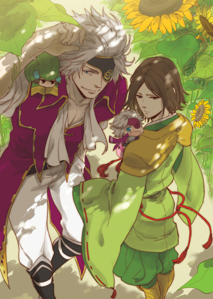 4boys :d armor blue_eyes brown_eyes brown_hair chibi_on_shoulder chousokabe_motochika_(sengoku_basara) coat dual_persona eyepatch fang field flower flower_field frown green_pants green_shirt grey_hair helmet jacket jacket_on_shoulders japanese_armor japanese_clothes kabuto_(helmet) looking_at_viewer male_focus mouri_motonari_(sengoku_basara) multiple_boys no_headwear official_alternate_costume open_mouth pants pout purple_coat purple_jacket sengoku_basara shirt short_hair smile spiked_hair sunflower sunflower_field white_pants wide_sleeves yona_(waiko)