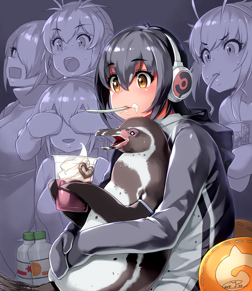 10s 5girls bird black_hair covering_another&#039;s_eyes covering_own_eyes emperor_penguin_(kemono_friends) food food_on_face gentoo_penguin_(kemono_friends) grape-kun hair_over_one_eye headphones hood humboldt_penguin humboldt_penguin_(kemono_friends) jacket kemono_friends long_hair mitsuba_minoru mouth_hold multicolored_hair multiple_girls open_mouth penguin penguins_performance_project_(kemono_friends) rockhopper_penguin_(kemono_friends) royal_penguin_(kemono_friends) short_hair sitting sitting_on_lap sitting_on_person smile