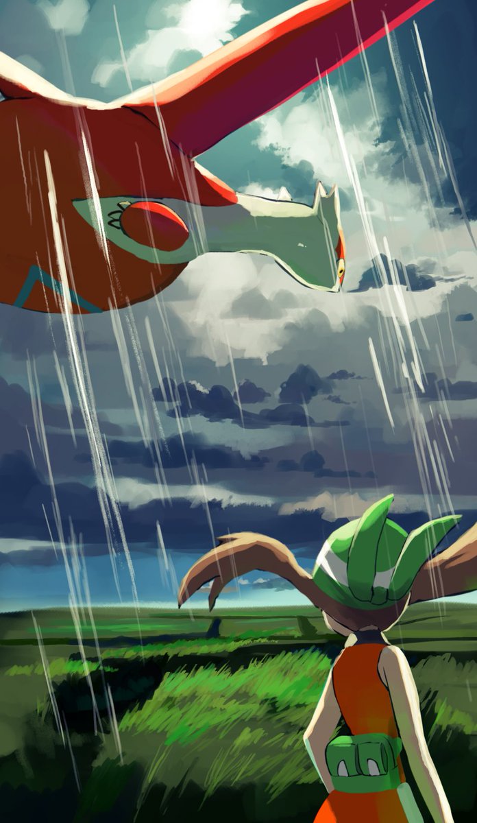 1girl bad_id bad_twitter_id bandana bare_shoulders brown_hair cloud cloudy_sky fanny_pack from_behind gen_3_pokemon green_bandana highres latias legendary_pokemon may_(pokemon) nintendo outdoors pokemon pokemon_(creature) pokemon_emerald pokemon_rse rain rowdon shirt sky sleeveless sleeveless_shirt