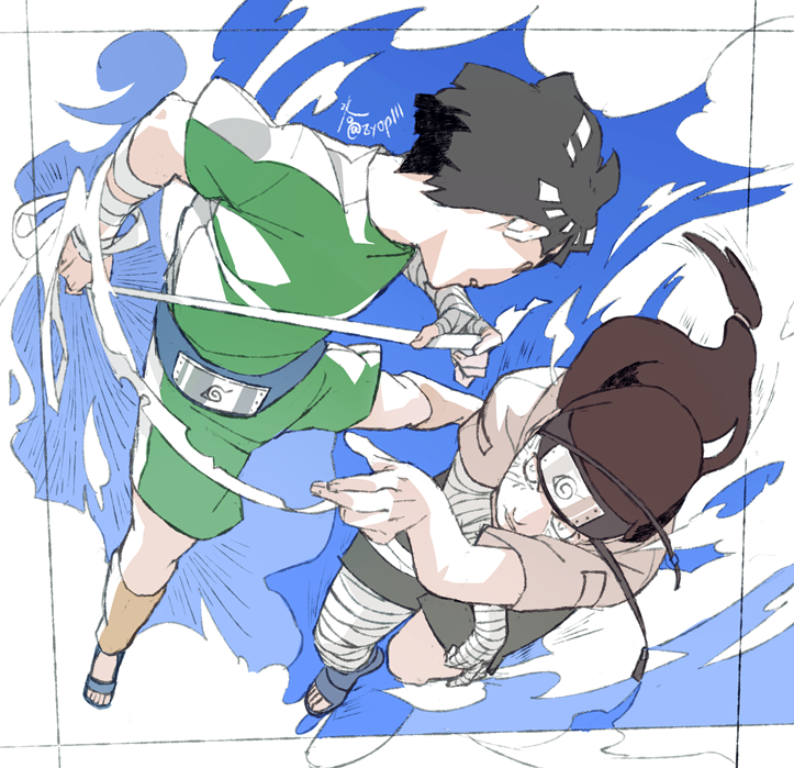 2boys bandages black_eyes black_hair black_shorts bob_cut brown_jacket byakugan full_body green_shirt green_shorts hyuuga_neji jacket konohagakure_symbol long_hair male_focus multiple_boys naruto_(classic) naruto_(series) ninja rock_lee sandals shirt short_hair short_sleeves shorts white_eyes zifletts