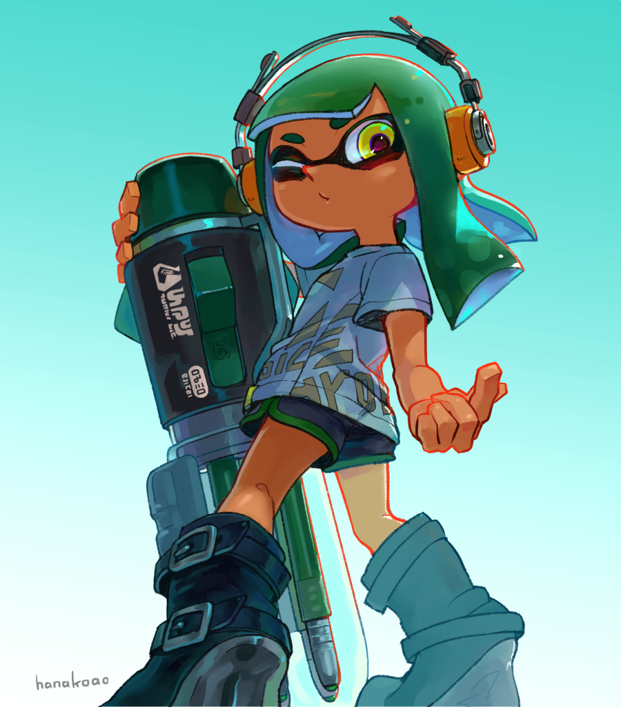 1girl artist_name ballpoint_splatling_(splatoon) beckoning black_boots black_shorts blunt_bangs boots closed_mouth commentary dolphin_shorts english_commentary from_behind full_body gradient_background green_background green_hair green_trim hanako515_ika headphones high_heel_boots high_heels holding holding_weapon index_finger_raised inkling inkling_girl inkling_player_character long_hair looking_back nintendo one_eye_closed print_shirt shirt short_sleeves shorts solo splatoon_(series) standing tentacle_hair two-tone_background weapon white_background white_shirt yellow_eyes
