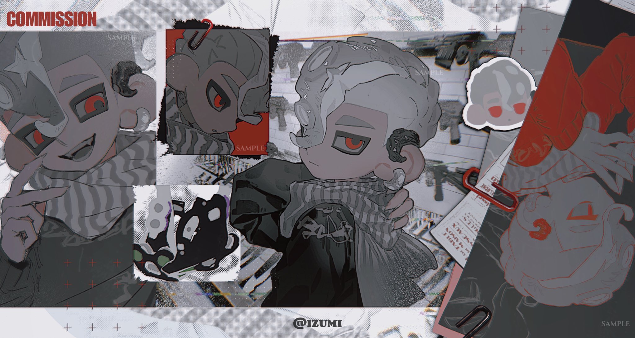 1boy adjusting_scarf arm_up artist_name black_sweater chibi chibi_inset closed_mouth commission earrings expressionless fangs from_side grey_hair gun hair_over_one_eye half-closed_eyes highres izumi_087 jewelry male_focus mohawk nintendo octoling octoling_boy octoling_player_character one_eye_covered open_mouth paperclip parted_lips red_eyes red_sweater sample_watermark scarf short_hair single_earring solo splatoon_(series) steepled_fingers striped_clothes striped_scarf suction_cups sweater tentacle_hair tetra_dualies_(splatoon) thick_eyebrows upside-down watermark weapon