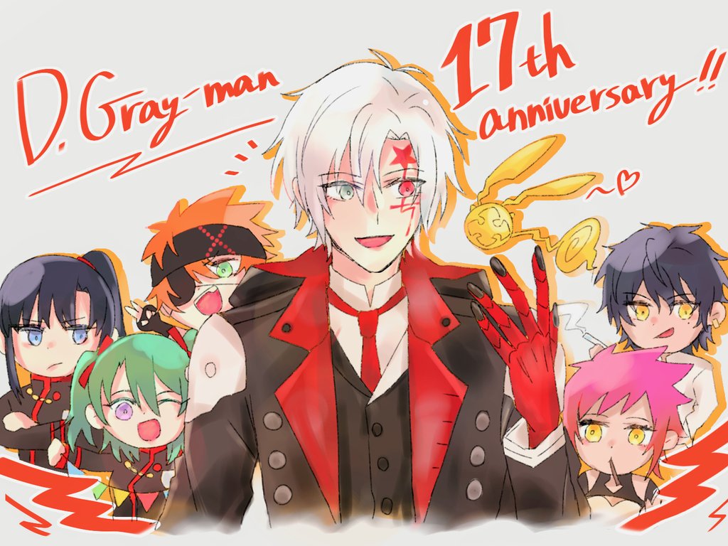 1other 2girls 4boys allen_walker anniversary arm_ribbon black_coat black_gloves black_hair black_headband black_order_uniform black_ribbon black_vest blue_eyes cigarette coat collared_coat colored_extremities creature cross crossed_arms d.gray-man dress ear_piercing eyepatch facial_mark fingerless_gloves food gloves golem_(d.gray-man) green_eyes green_hair grey_background hair_between_eyes hair_ribbon happy_anniversary headband heart heterochromia high_ponytail holding holding_cigarette holding_food holding_pocky hood hood_down hooded_coat kanda_yuu lavi lenalee_lee long_hair looking_at_another looking_at_viewer looking_to_the_side medium_hair military military_uniform mole mole_under_eye multiple_boys multiple_girls necktie noah_(d.gray-man) one_eye_closed one_eye_covered open_mouth orange_hair outstretched_arm piercing pink_hair pocky ponytail purple_eyes raia_(pomq_1357) red_eyes red_necktie red_ribbon red_stripes ribbon road_kamelot scar scar_on_face shirt short_hair sidelocks smile smirk smoke smoking spiked_hair star_(symbol) star_facial_mark striped_coat striped_headband tail timcanpy two_side_up tyki_mikk v vest white_dress white_hair white_shirt white_stripes wings yellow_eyes