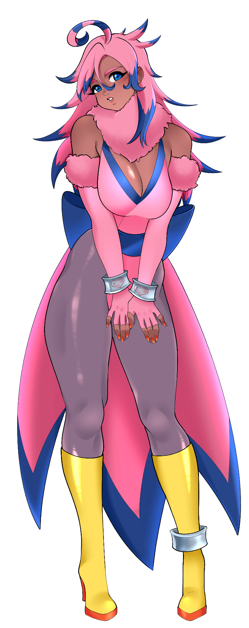 ahoge blue_eyes blush bracelet breasts dark-skinned_female dark_skin digimon embarrassed highres jewelry looking_at_viewer multicolored_hair nail_polish personification pink_hair piyomon simple_background valtren white_background