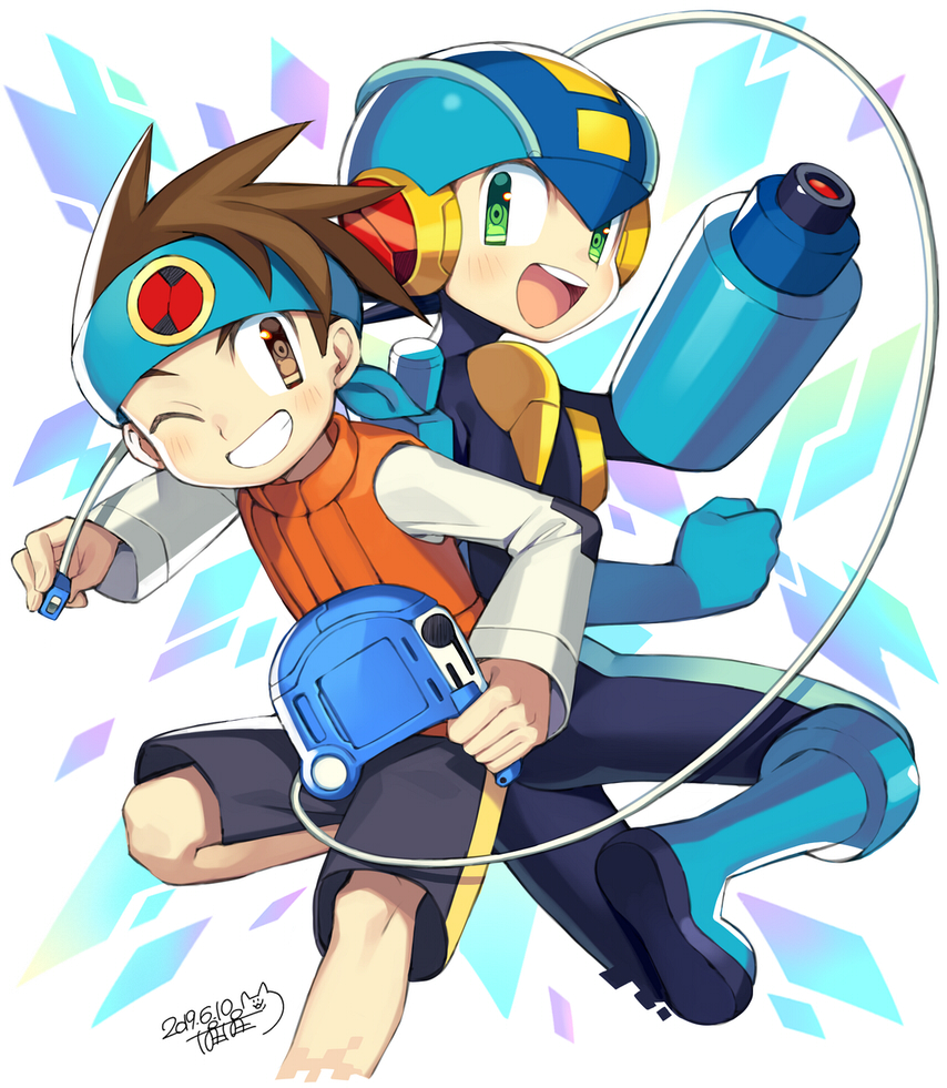 2boys :d ;) arm_cannon back-to-back black_bodysuit black_shorts blue_footwear blue_headband blue_headwear blue_helmet blush bodysuit boots brown_eyes brown_hair brown_vest clenched_hand commentary_request dated green_eyes grin happy headband helmet holding iroyopon lan_hikari_(mega_man) leg_up long_sleeves looking_at_viewer looking_back male_focus mega_man_(series) mega_man_battle_network mega_man_battle_network_(series) megaman.exe multiple_boys netnavi one_eye_closed open_mouth personal_terminal shirt shorts signature smile spiked_hair teeth upper_teeth_only vest weapon white_background white_shirt