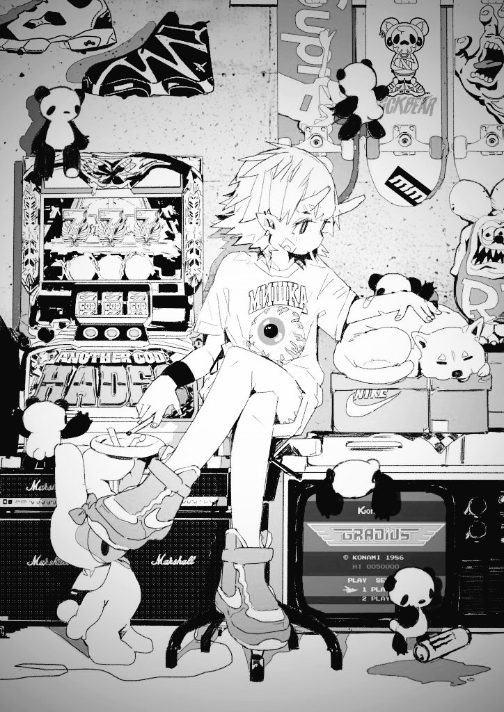 1girl amplifier animal ashtray bandaid bandaid_on_arm bandaid_on_cheek bandaid_on_face bow box can cardboard_box chair cigarette crossed_legs dog earrings energy_drink eyeball figure fingernails gradius greyscale holding holding_cigarette horns indoors jewelry konami marshall maymay_pic monochrome monster_energy nike_(company) oni_horns original panda petting pointy_ears reebok shirt shoes short_hair sitting skateboard sleeping slot_machine sneakers spill stuffed_animal stuffed_toy t-shirt wire