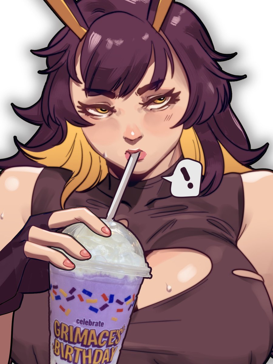 ! 1girl black_hair blonde_hair breasts cleavage_cutout clothing_cutout cup demon_girl disposable_cup drinking_straw drinking_straw_in_mouth fingerless_gloves fingernails gloves grimace_shake_(meme) highres holding holding_cup horns huge_breasts long_hair meme milkshake multicolored_hair original skullworms solo speech_bubble two-tone_hair violet_(skullworms) yellow_eyes