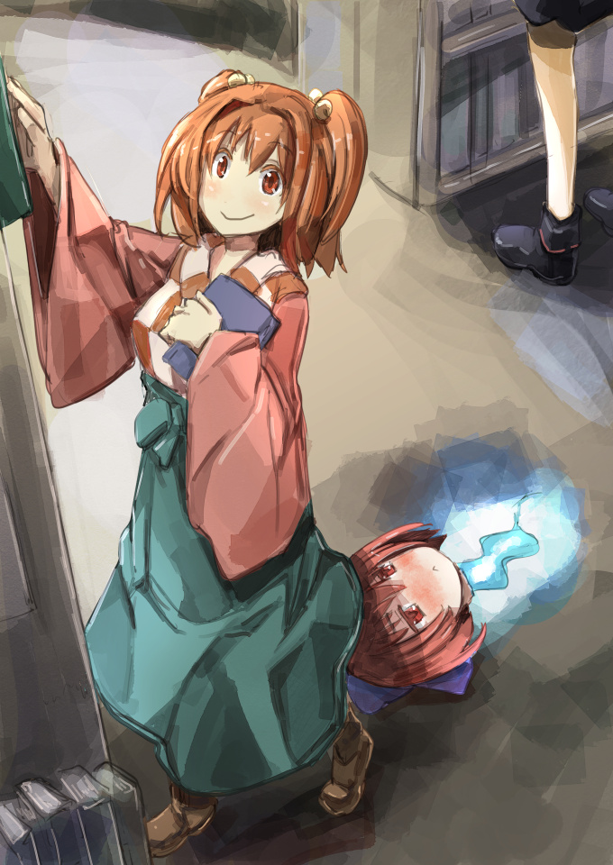 2girls blush book bow disembodied_head female_pervert floating_head hair_bow hair_ornament motoori_kosuzu multiple_girls orange_eyes orange_hair pervert perverted_utility red_eyes red_hair sekibanki standing touhou twintails two_side_up yohane yuri