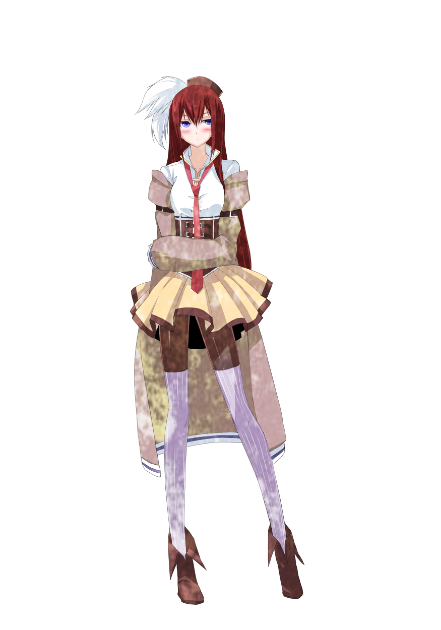 1girl beret blue_eyes blush brown_hair cosplay female_focus full_body hat hazuki_touya highres kyougoku_touya long_hair magical_girl mahou_shoujo_madoka_magica mahou_shoujo_madoka_magica_(anime) makise_kurisu necktie pantyhose solo steins;gate tomoe_mami tomoe_mami_(cosplay) tomoe_mami_(magical_girl) transparent_background