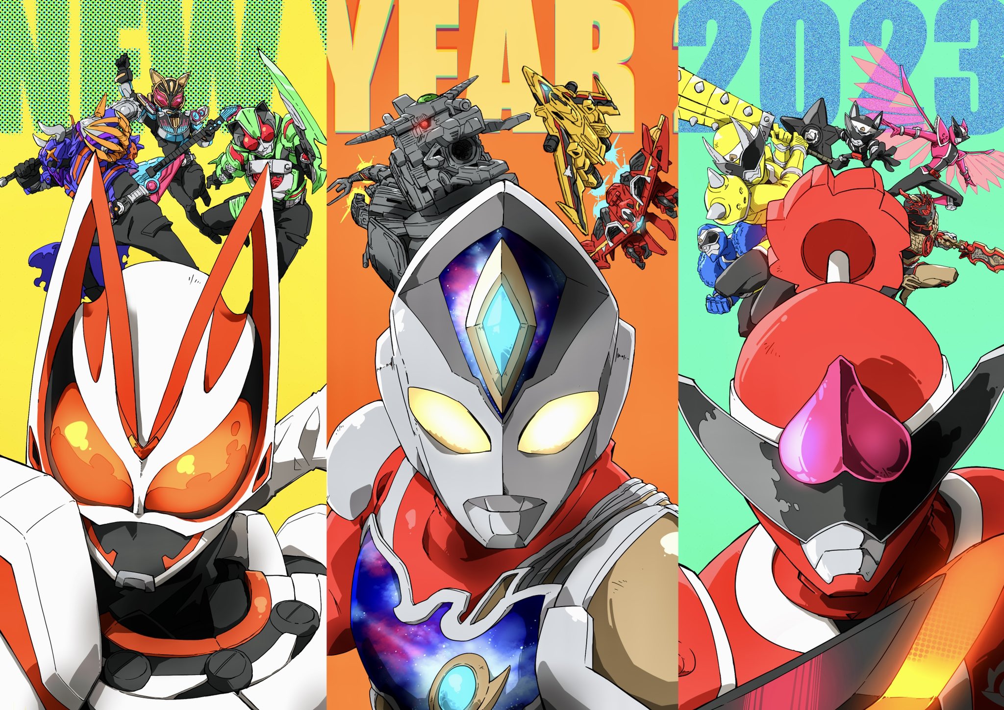 2023 2girls 6+boys abs aircraft airplane airship alien animal_ears animification aqua_background armor armored_boots armored_skirt avataro_sentai_donbrothers azuma_michinaga beat_axe beat_buckle belt bird bird_wings black_belt black_bodysuit black_footwear black_gloves black_pants blue_fur bodysuit boots breasts buffalo bull chainsaw claw_(weapon) clenched_hand clenched_hands commentary compound_eyes cowboy_shot crane_(animal) crossed_arms desire_driver dog_ears don_doragoku dondragokuu donmomotarou everyone exhaust_pipe fighter_jet floating fox_ears full_body gauntlets gears gloves glowing glowing_eyes gorilla grey_background guitar gun guts_falcon guts_hawk hand_fan hand_gesture hand_on_own_hip happy_new_year head_tilt helm helmet highres holding holding_gun holding_instrument holding_weapon horns imminent_hit instrument inubrother inuzuka_tsubasa japanese_armor kamen_rider kamen_rider_buffa kamen_rider_geats kamen_rider_geats_(series) kamen_rider_na-go kamen_rider_tycoon kijibrother kijino_tsuyoshi kitou_haruka knee_spikes kurama_neon large_breasts leg_armor leg_up long_hair long_legs looking_at_viewer magnum_boost magnum_shooter_40x male_focus mechabare mechanical_hands medium_breasts military military_vehicle momoi_tarou momotani_jirou multicolored_hair multiple_boys multiple_girls muscular muscular_male naitsupic new_year ninja ninja_dueler nursedessei oni oni_horns oni_sister orange_armor orange_background orange_eyes pants pink_armor pink_boots pink_gloves power_armor purple_hair purple_scarf rabbit_pose red_eyes red_gloves redesign sakurai_keiwa sarubrother saruhara_shinichi scarf science_fiction shadow shiba_inu shoulder_spikes shuriken simple_background single_mechanical_hand size_difference skirt spacecraft spikes stylistic sunglasses super_sentai sword tail tall_male tanuki thigh_strap tokusatsu ukiyo_ace ultra_series ultraman_decker ultraman_decker_(flash_type) ultraman_decker_(series) weapon white_armor wings year_connection yellow_background yellow_boots yellow_eyes yellow_gloves zombie_breaker zombie_buckle