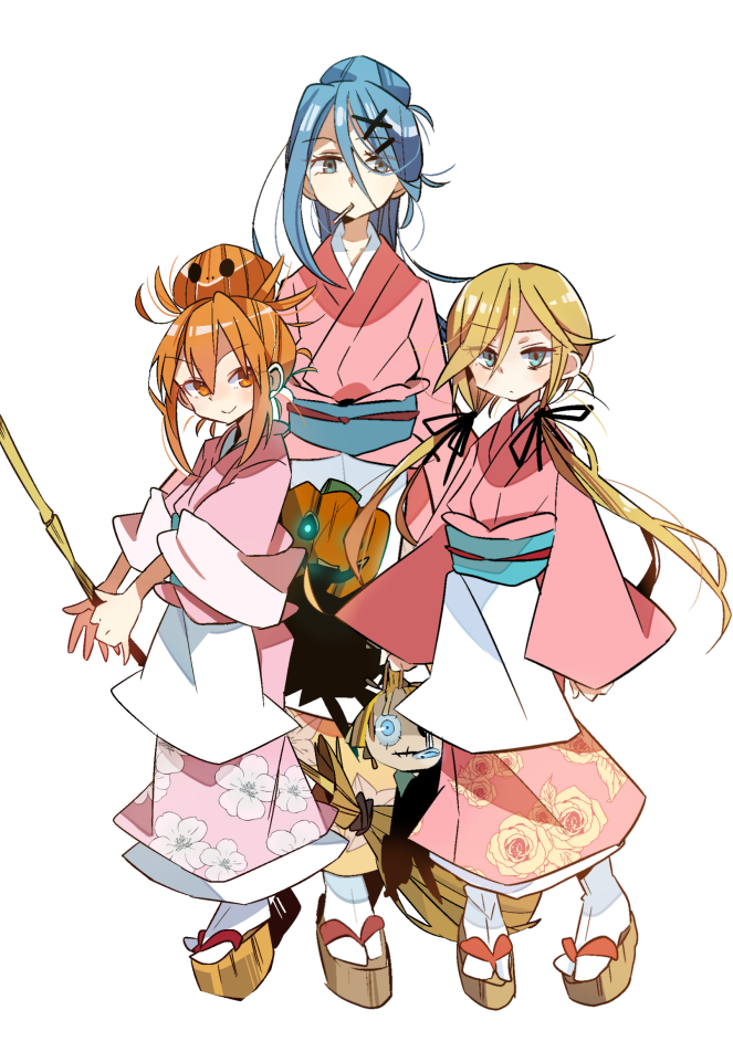 3girls blonde_hair blue_hair broom chuck_(shaman_king) cigarette jack_the_ripper_(shaman_king) japanese_clothes kanna_bismarch kimono long_hair marion_phauna matilda_matisse multiple_girls obi orange_hair platform_clogs sash shaman_king smoking sunameri_oishii yukata