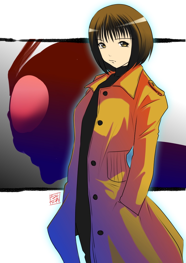 1girl blue_outline brown_coat brown_eyes brown_hair buttons coat collared_coat commentary_request glowing hands_in_pockets kamen_rider kamen_rider_1 kamen_rider_1_(shin) looking_at_viewer looking_to_the_side midorikawa_ruriko midorikawa_ruriko_(shin_kamen_rider) outline shin_kamen_rider short_hair sig_(sotokanda_delta_force) signature tokusatsu white_background wing_collar