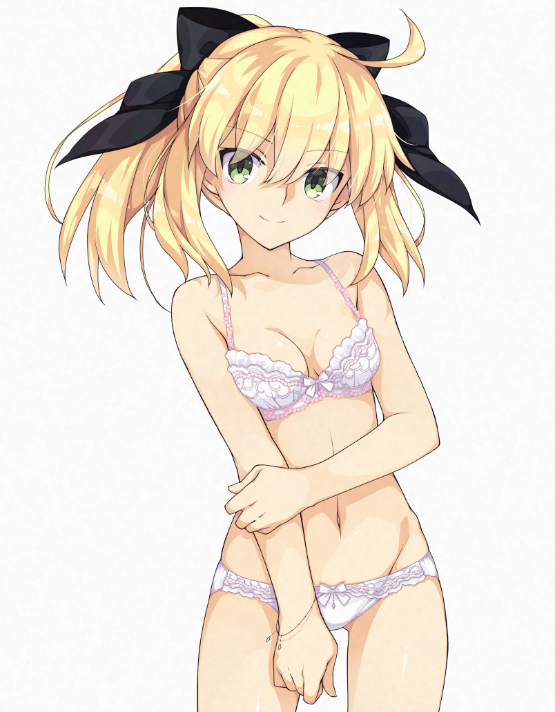 1girl ahoge artoria_pendragon_(fate) bare_shoulders black_bow blonde_hair bow bra breasts collarbone fate/grand_order fate_(series) green_eyes hair_bow long_hair looking_at_viewer navel panties ponytail saber_lily saipaco sidelocks small_breasts smile solo thighs underwear white_bra white_panties