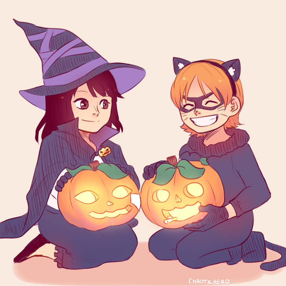 2girls ^_^ animal_ears artist_name blunt_bangs cape caydeus child closed_eyes commentary english_commentary eye_mask fake_animal_ears fake_whiskers gloves hat looking_at_another medium_hair multiple_girls multiple_tails nami_(one_piece) nico_robin one_piece orange_hair pumpkin seiza short_hair sitting smile tail witch_hat