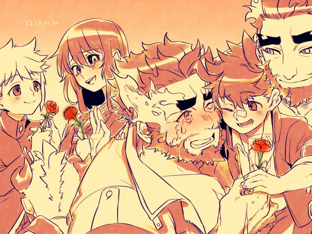 1girl 1other 4boys arc_(housamo) azathoth_(housamo) babalon_(housamo) beard black_sclera blush carnation colored_sclera commentary eyebrow_cut facial_hair flaming_eye flower hephaestus_(housamo) heterochromia horns jacket large_pectorals long_hair looking_at_another protagonist_1_(housamo) mature_male mid_(mid_skb) mohawk monochrome mother&#039;s_day multiple_boys muscular muscular_male open_clothes open_jacket orange_background orange_theme pectorals short_hair smile talos_(housamo) tearing_up thick_eyebrows tokyo_houkago_summoners upper_body