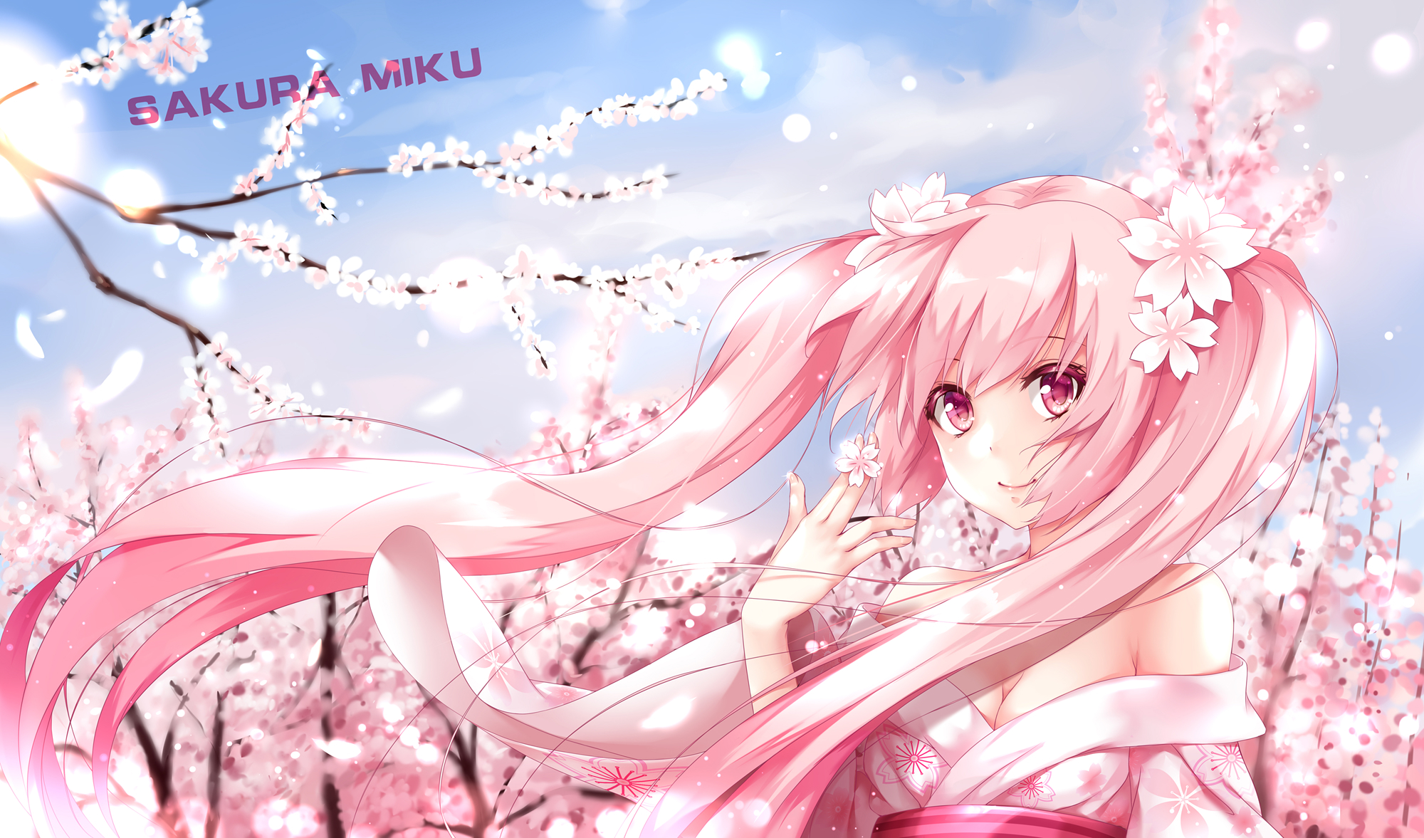 blush breasts character_name cleavage colored_eyelashes day dress hatsune_miku highres long_hair off_shoulder outdoors pink_eyes pink_hair sakura smile solo twintails very_long_hair vocaloid