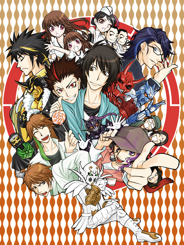 4girls 6+boys 666nao :d argyle_background argyle_clothes baseball_cap black_hair brown_hair deneb everyone fujisawa_naoyuki glasses grin hana_(kamen_rider_den-o) hat kai_(kamen_rider_den-o) kamen_rider kamen_rider_den-o_(series) kintaros kintarosu kohana long_sleeves looking_at_viewer miura_(kamen_rider_den-o) momotaros momotarosu multiple_boys multiple_girls naomi_(kamen_rider_den-o) nogami_ryoutarou open_mouth ozaki_(kamen_rider_den-o) pants ryutaros ryutarosu sakurai_yuuto_(kamen_rider_den-o) semi-rimless_eyewear short_hair sieg simple_background smile standing teeth the_owner_(kamen_rider_den-o) under-rim_eyewear urataros uratarosu