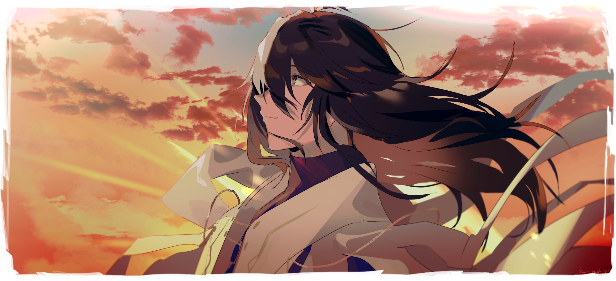 1boy black_eyes black_hair black_shirt border fading_border fate/grand_order fate_(series) from_side hair_between_eyes highres jacket knmendako long_bangs long_hair looking_up male_focus profile sakamoto_ryouma_(fate) sakamoto_ryouma_(lancer)_(fate) shirt smile solo sunset turtleneck upper_body white_border white_jacket wind