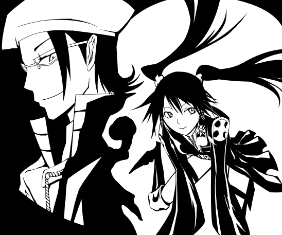 1boy 1girl armored_boots black_background black_boots black_hair black_jacket black_order_uniform black_skirt boots breasts brother_and_sister coat collared_coat cross d.gray-man emblem floating_hair front_zipper glasses greyscale hair_between_eyes hair_ornament hairclip hat jacket komui_lee lenalee_lee long_hair long_sleeves looking_at_another looking_to_the_side mature_male miniskirt monochrome redoramu short_hair siblings sidelocks single_sidelock skirt small_breasts smile striped_clothes striped_jacket thigh_strap thighs twintails two-tone_background white_background zipper