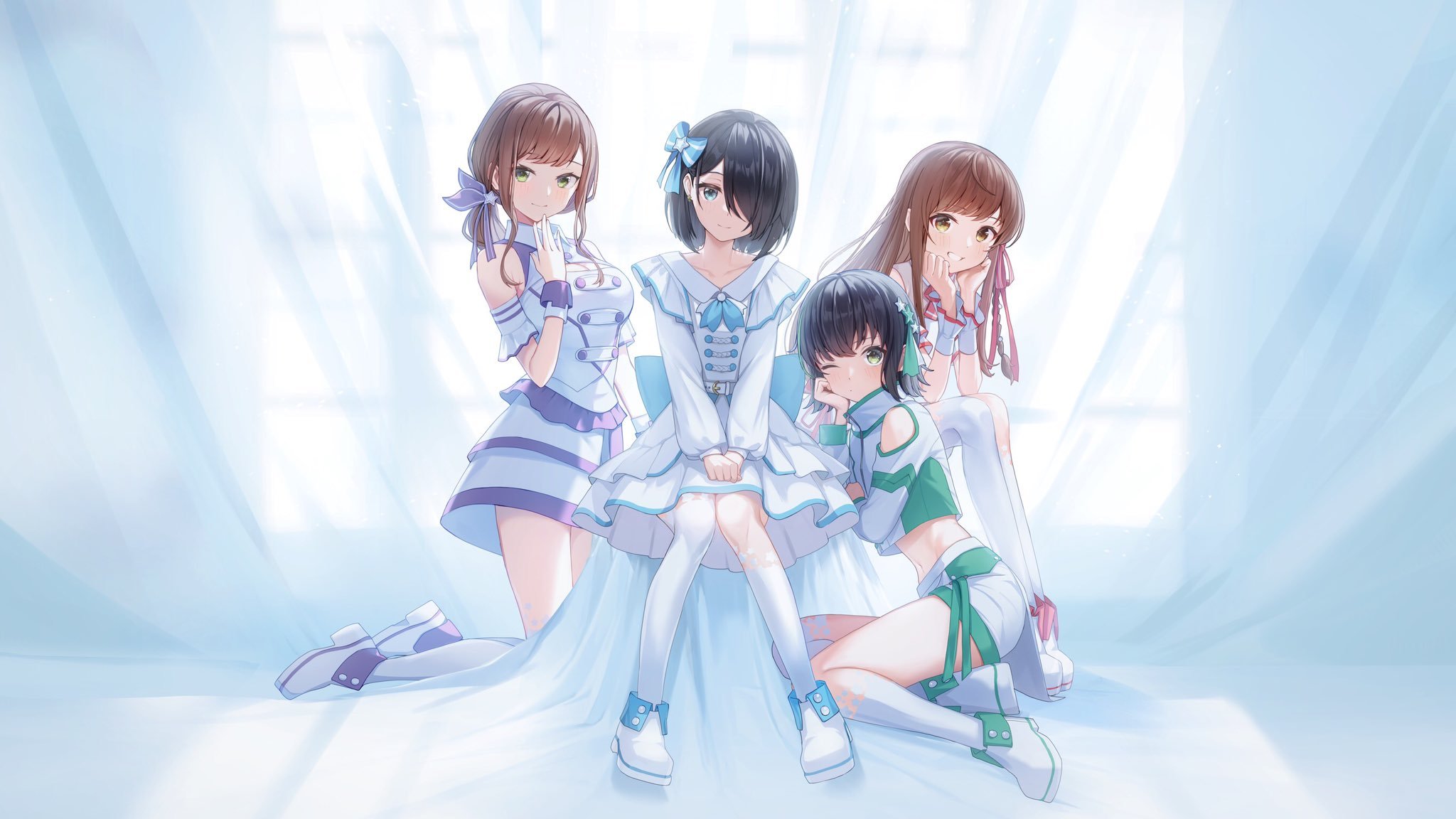 4girls :d ankle_boots asymmetrical_legwear belt black_hair blue_bow blue_eyes blush bob_cut boots bow breasts brown_eyes brown_hair character_request cleavage cleavage_cutout closed_mouth clothing_cutout cropped_shirt dress enogu fold-over_boots green_eyes grin hair_bow hair_over_one_eye hair_ribbon head_tilt highres iwamotochou_geinousha kagawa_ichigo kneehighs kneeling knees_together_feet_apart large_breasts long_sleeves looking_at_viewer midriff miniskirt multiple_girls navel neck_ribbon one_eye_closed one_eye_covered open_mouth pleated_skirt red_ribbon ribbon shirt shoulder_cutout single_kneehigh single_sock single_thighhigh sitting skirt smile socks thighhighs uneven_legwear virtual_youtuber white_belt white_dress white_footwear white_legwear white_shirt wristband