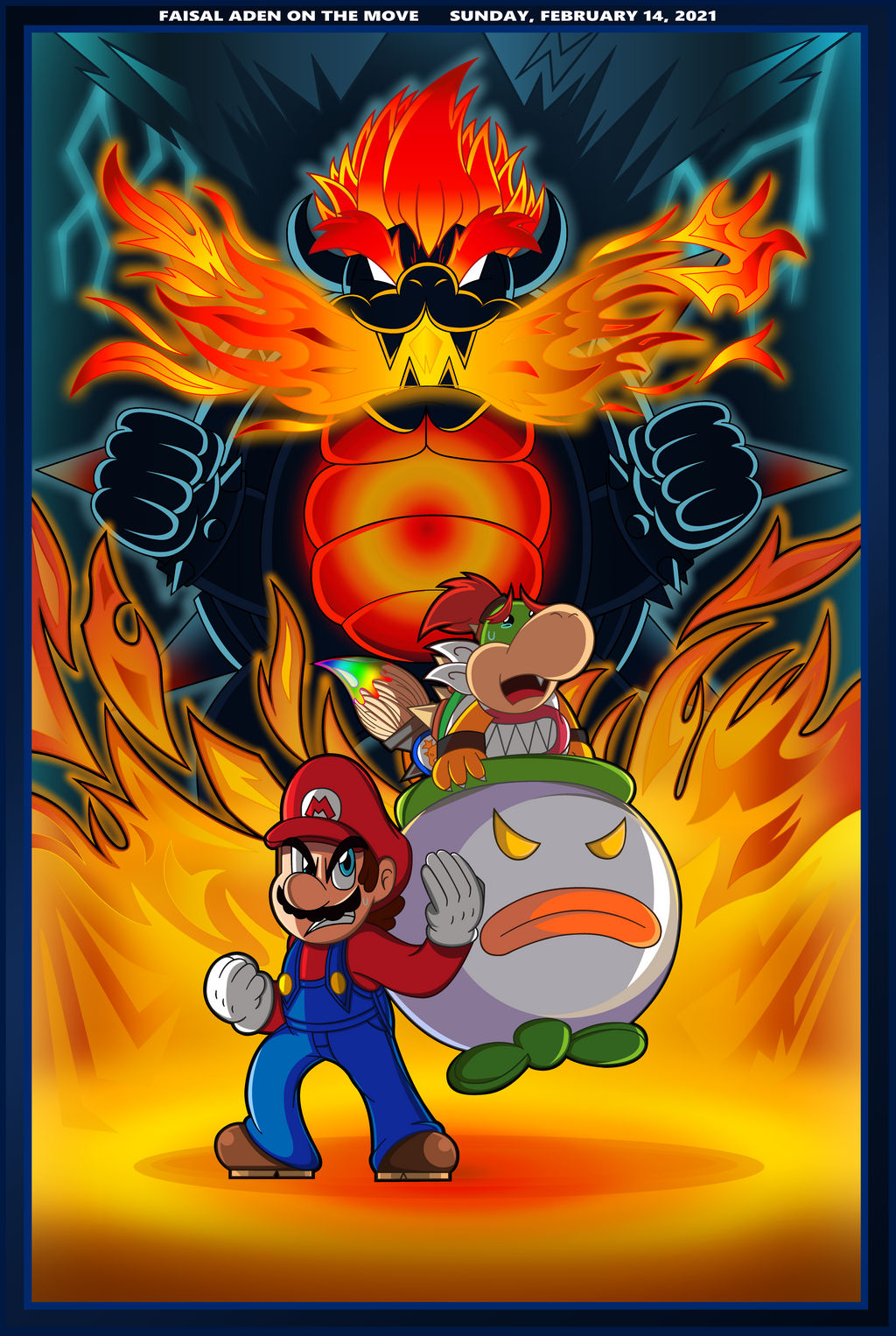 3boys angry blue_eyes bowser bowser_jr. brown_hair cat claws electricity fangs fighting_stance fire fire full_body fury_bowser hat highres horns koopa_clown_car lightning mario mario_(series) monster multiple_boys nintendo paintbrush red_hair serious super_mario_3d_world tears white_eyes