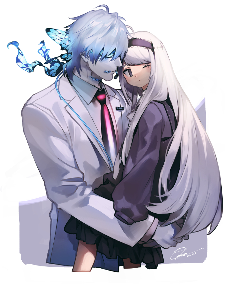 1boy 1girl black_eyes blindfold carrying carrying_person closed_mouth commentary_request covered_eyes cropped_legs dated dress expressionless grey_hair hairband lab_coat long_hair long_sleeves looking_at_viewer mushine_kaku namae_shirezu necktie one_eye_closed otani_(gloria) pale_skin purple_dress purple_hairband short_dress short_hair signature sleeves_past_fingers sleeves_past_wrists standing stitched_eye stitched_mouth stitched_neck stitches utau white_background white_hair
