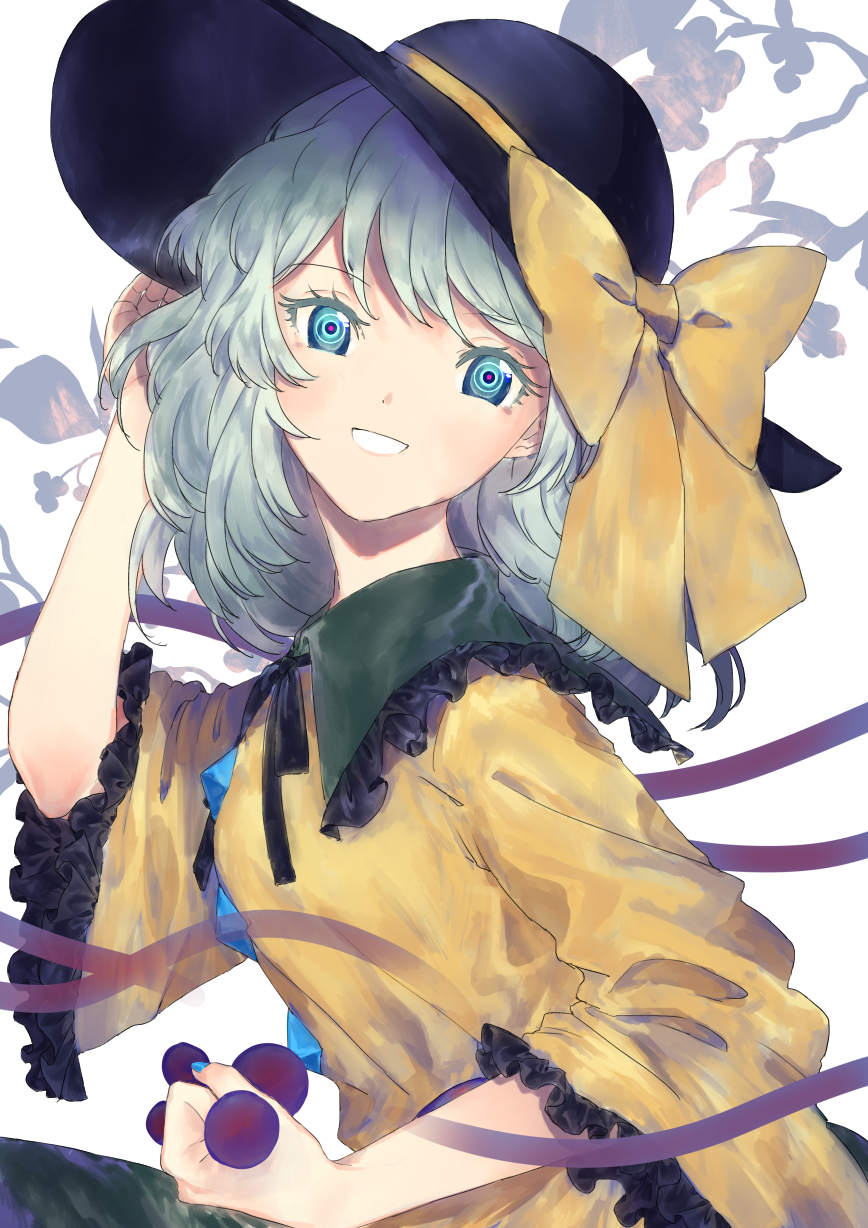 1girl ama_asagi black_hat bow collared_shirt eyeball female_focus frills green_eyes green_hair green_skirt hat hat_bow hat_ribbon heart heart_of_string highres komeiji_koishi long_sleeves looking_at_viewer medium_hair plant ribbon shirt silhouette simple_background skirt smile solo string third_eye touhou white_background wide_sleeves yellow_shirt