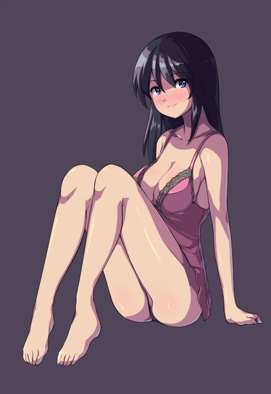1girl arm_support bare_shoulders barefoot black_hair black_panties blue_eyes blush breasts cleavage collarbone female_focus large_breasts long_hair looking_at_viewer nightgown original panties pantyshot saiste sitting smile solo underwear