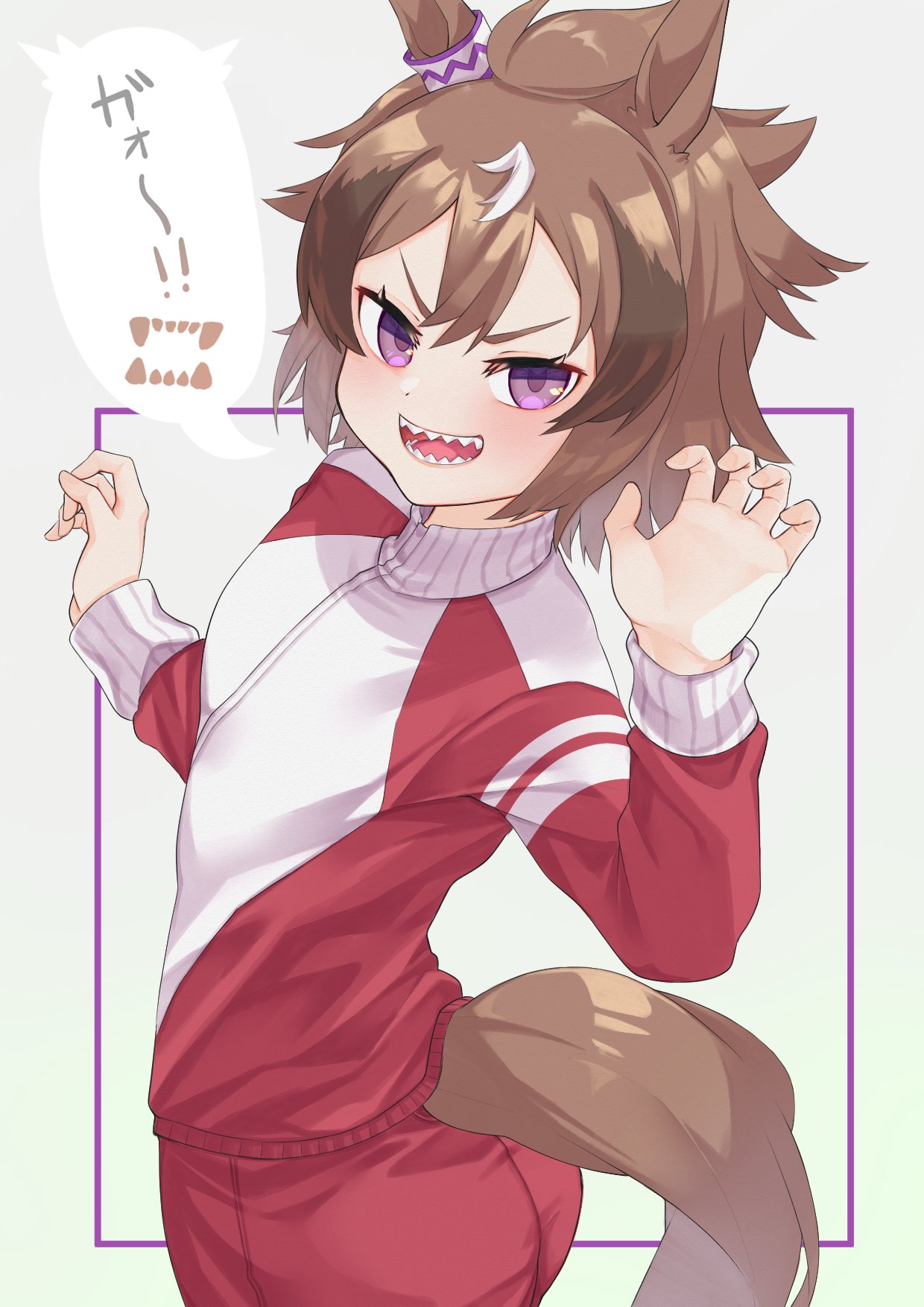 1girl ahoge animal_ears bluhs claw_pose commentary_request cowboy_shot grey_background hair_between_eyes highres horse_ears horse_girl iam_(tetsu0ekaki) jacket long_sleeves looking_at_viewer multicolored_hair pants purple_eyes red_jacket red_pants shinko_windy_(umamusume) simple_background smile solo speech_bubble streaked_hair tracen_training_uniform track_jacket track_pants umamusume v-shaped_eyebrows white_hair