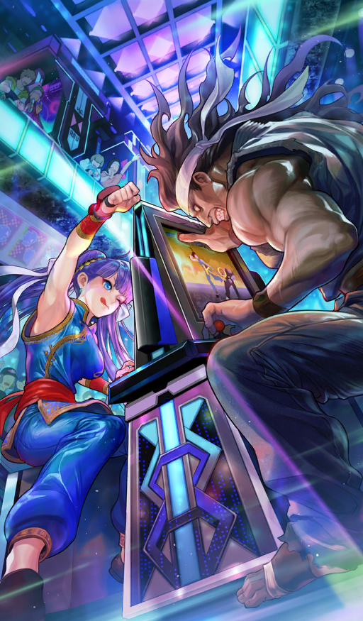 1boy 1girl ;q arcade arcade_cabinet arm_above_head arm_up armpits black_hair black_shoes blue_pants blue_shirt chinese_clothes clenched_hand clenched_teeth commentary company_connection cosplay cosplay_request dark-skinned_male dark_skin double_bun dutch_angle fate/grand_order fate/grand_order_arcade fate_(series) fighting fighting_game floating_hair hair_bun hair_ribbon harunoichi headband heracles_(fate) indoors long_hair mandarin_collar martha_(fate) official_art official_cosplay one_eye_closed pai_chan pai_chan_(cosplay) pants people playing_games purple_hair red_sash ribbon sash shanghai_neckline shirt shoes sitting sleeveless solid_eyes teeth third-party_source tongue tongue_out virtua_fighter white_headband white_ribbon yellow_eyes yuki_akira yuki_akira_(cosplay)