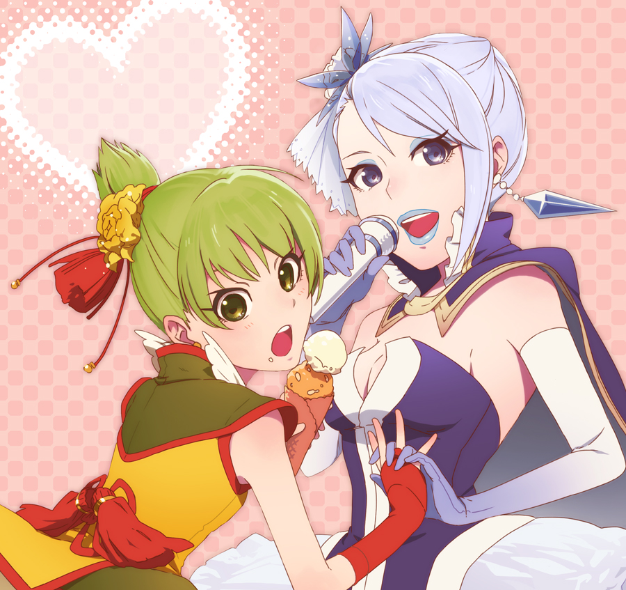 10s 2girls abe_(f!mixture) adapted_costume alternate_hairstyle bad_id bad_pixiv_id blue_eyes blue_hair blue_rose_(tiger_&amp;_bunny) breasts chinese_clothes cleavage dragon_kid earrings elbow_gloves fingerless_gloves flower gloves green_eyes green_hair hair_flower hair_ornament hat holding_hands huang_baoling interlocked_fingers interlocked_hands jewelry karina_lyle lipstick makeup medium_breasts microphone multiple_girls ponytail short_hair short_ponytail superhero_costume tiger_&amp;_bunny