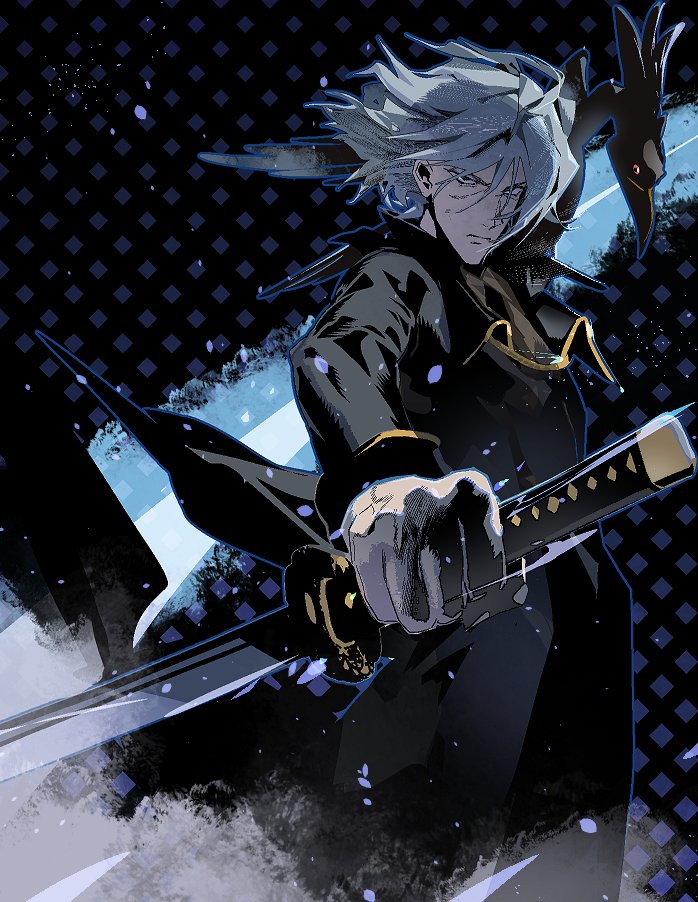1boy bird black_bird black_coat closed_mouth coat cofffee cowboy_bebop facing_viewer geometric_pattern hair_between_eyes holding holding_sword holding_weapon katana male_focus standing sword vicious_(cowboy_bebop) weapon white_hair