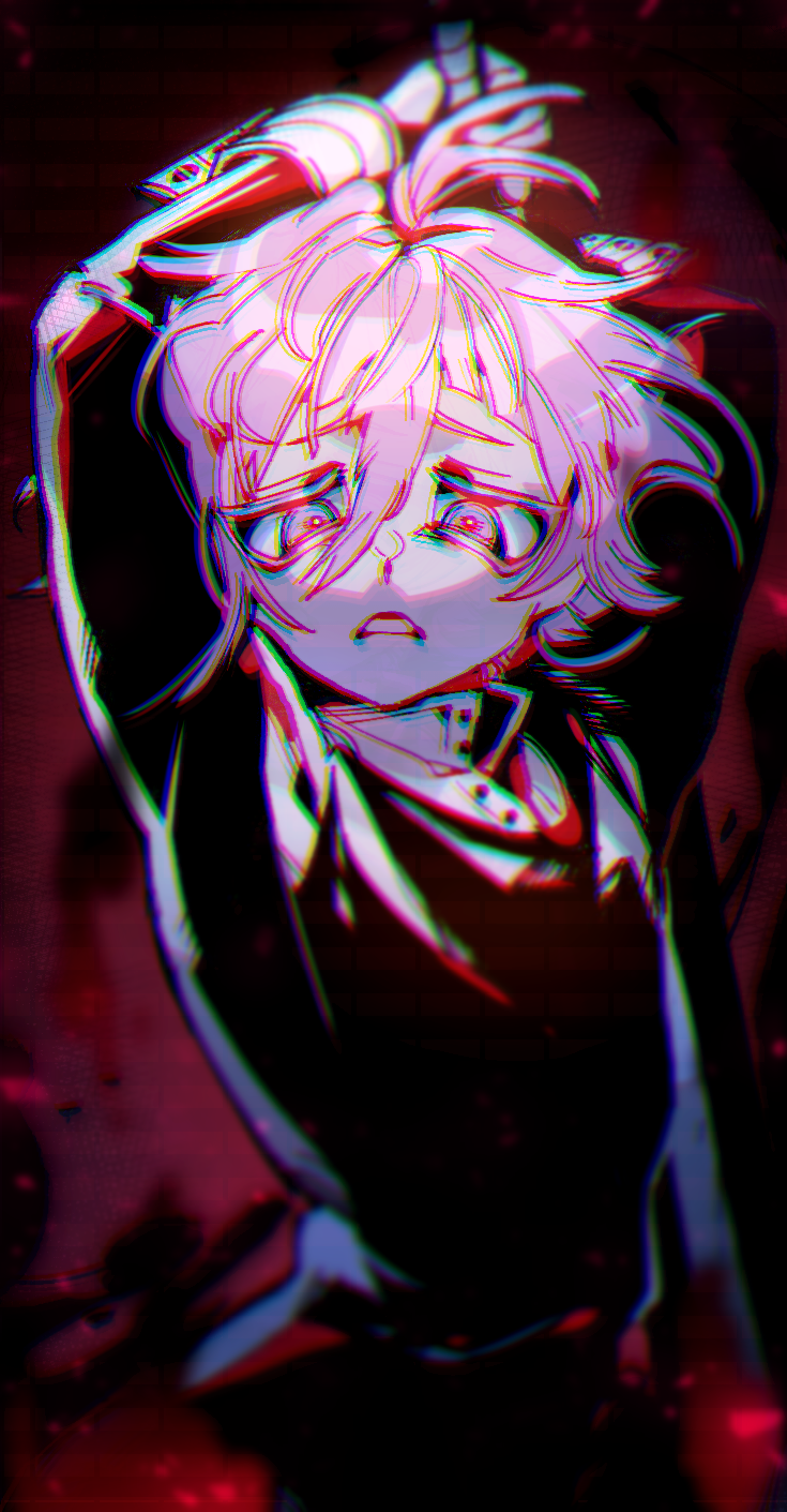 1other arms_up black_robe collar crona_(soul_eater) frown glitch grey_eyes highres medium_hair pink_hair pyungsyu ragnarok_(demon_sword) red_background robe soul_eater squinting sword teeth variant_set weapon white_collar white_sleeve_cuffs