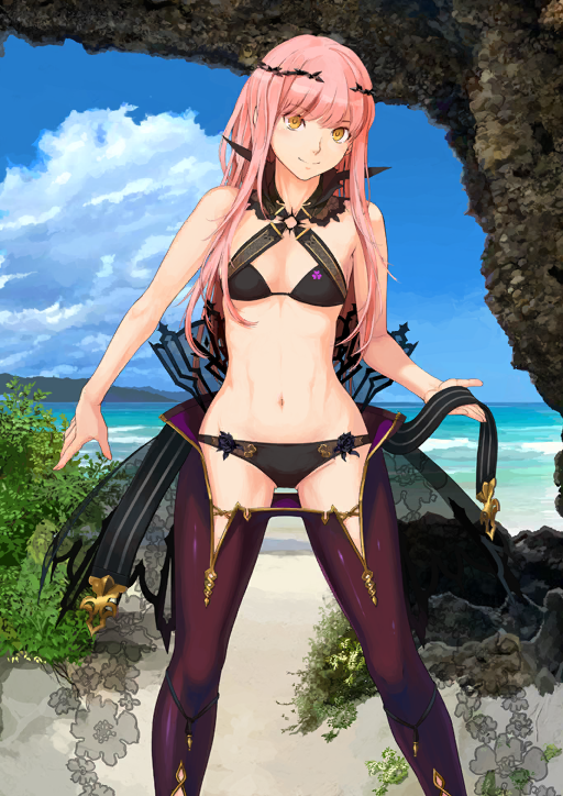 1girl arm_at_side bare_arms beach bikini black_bikini blue_sky breasts circlet closed_mouth cloud cnoc_na_riabh_(fate) cnoc_na_riabh_(swimsuit_foreigner)_(fate) collared_bikini criss-cross_halter fate/grand_order fate_(series) feet_out_of_frame game_cg halterneck hand_up head_tilt horizon legs_apart lifting_own_clothes long_hair long_sidelocks looking_at_viewer lowleg lowleg_pants medb_(fate) navel ocean official_art orange_eyes pants pink_hair purple_pants sidelocks skinny sky small_breasts smile solo standing stomach swimsuit takayama_kisai third-party_source
