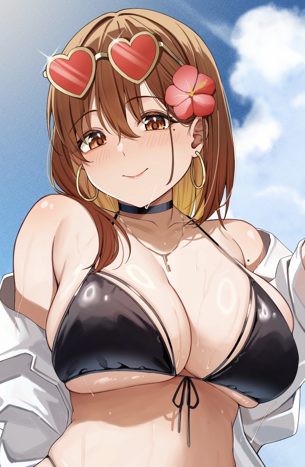 1girl bikini black_bikini black_choker blue_sky blush breasts brown_eyes brown_hair choker closed_mouth cloud collarbone comiket comiket_106 day earrings eyewear_on_head flower hair_flower hair_ornament heart heart-shaped_eyewear highres hoop_earrings jacket jewelry large_breasts looking_at_viewer mole mole_on_arm mole_under_eye necklace ol-chan_(udon) original outdoors sky smile solo swimsuit udon_(udonalium) upper_body white_jacket