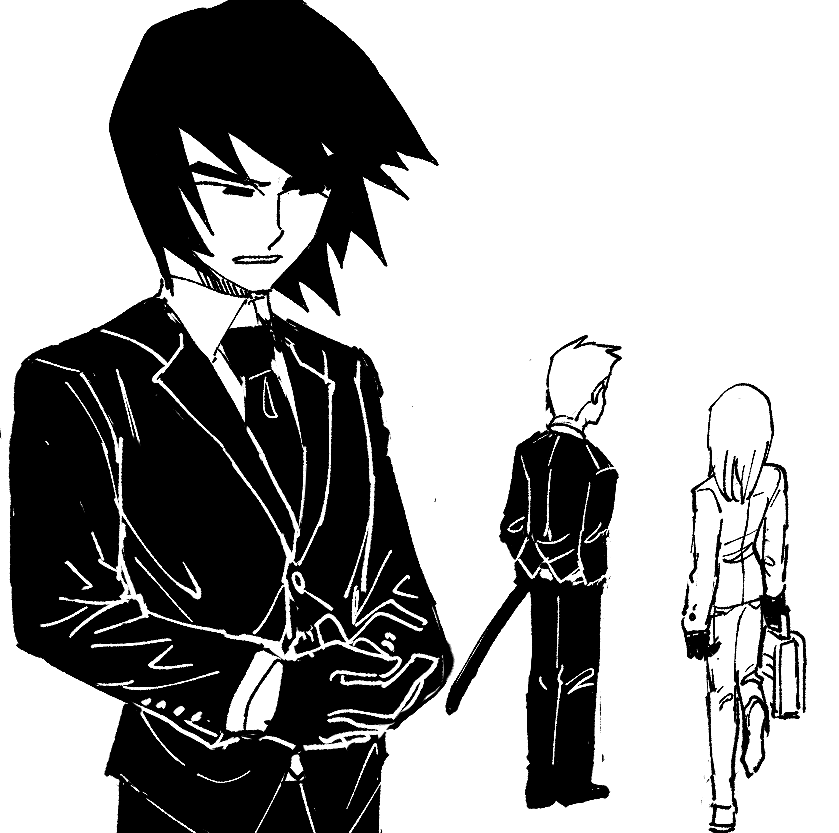 1girl 2boys alternate_costume from_behind black_hair briefcase dancho_no_mori formal_clothes gloves katana light_frown long_sleeves male_focus mii_brawler mii_brawler_(smash_ultimate) mii_gunner mii_gunner_(smash_ultimate) mii_swordfighter mii_swordfighter_(smash_ultimate) multiple_boys necktie nintendo parted_lips short_hair solo_focus suit super_smash_bros. sword weapon