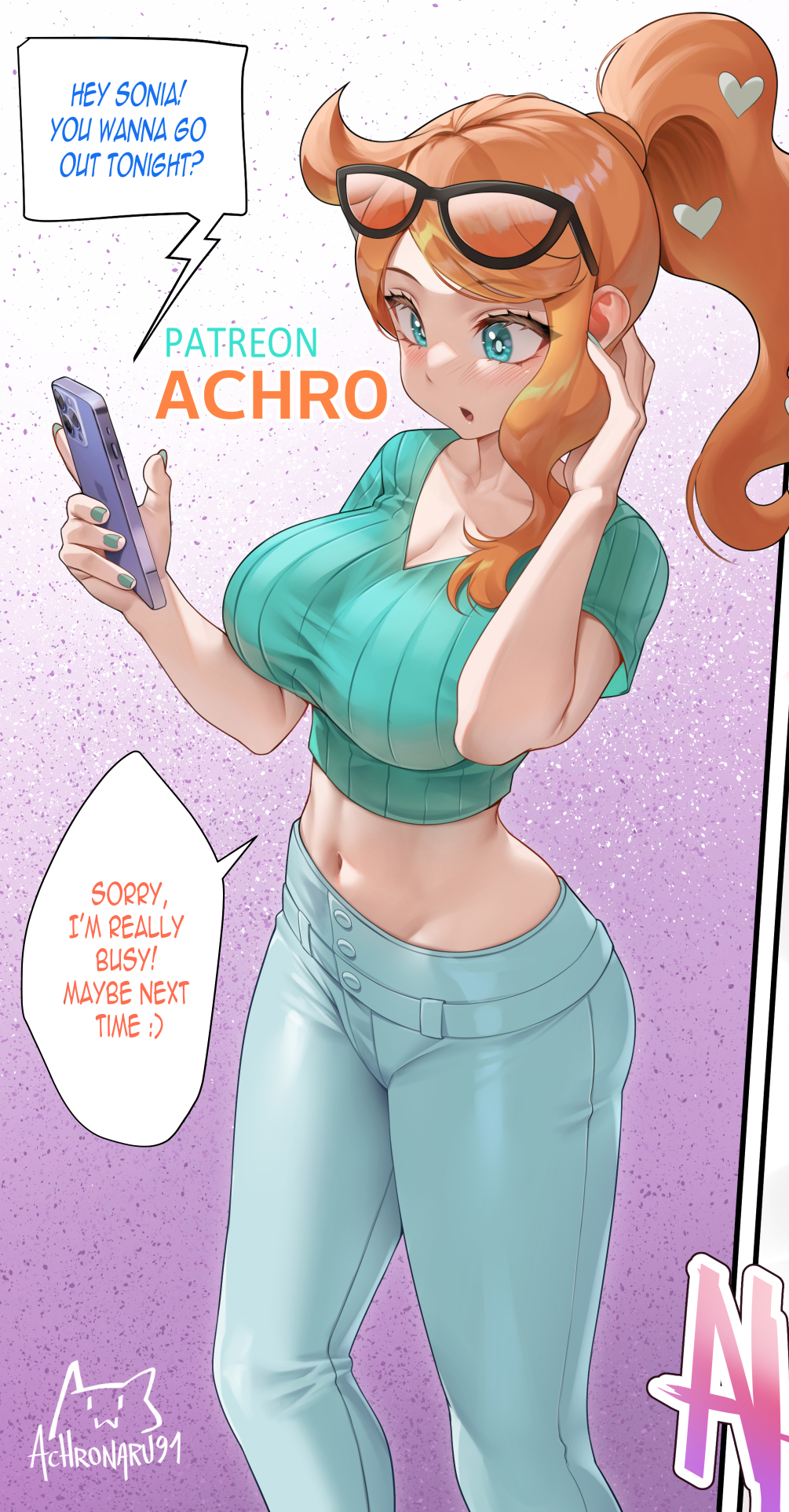 1girl :o achromaru aqua_eyes aqua_nails aqua_shirt artist_logo blue_pants blush breasts bright_pupils cellphone commentary crop_top denim english_text eyewear_on_head feet_out_of_frame fingernails green_eyes hair_ornament heart heart_hair_ornament highres jeans large_breasts logo long_fingernails long_hair looking_at_phone midriff nail_polish navel nintendo orange-tinted_eyewear orange_hair pants parted_lips patreon_username phone pokemon pokemon_swsh ponytail ribbed_shirt shirt short_sleeves smartphone solo sonia_(pokemon) speech_bubble standing sunglasses swept_bangs tinted_eyewear twitter_username v-neck white_pupils