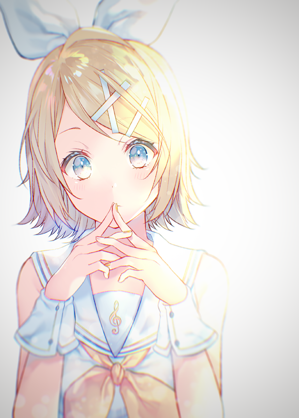 1girl bare_shoulders blonde_hair blue_eyes blush closed_mouth commentary gradient_background grey_background hair_ornament hair_ribbon hairclip hands_up kagamine_rin looking_at_viewer nail_polish neckerchief own_hands_together ribbon sailor_collar school_uniform serafuku shiomizu_(swat) shirt sleeveless sleeveless_shirt solo swept_bangs upper_body vocaloid sour_model_(mikumikudance) white_ribbon white_sailor_collar white_shirt wrist_cuffs x_hair_ornament yellow_nails yellow_neckerchief