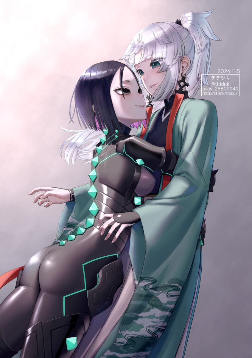 2girls ass black_bodysuit black_eyes black_kimono bodysuit breasts earrings fate/samurai_remnant fate_(series) green_eyes green_kimono grey_bodysuit hakama hakama_skirt highres hug japanese_clothes jewelry kimono long_hair long_sleeves medium_breasts multiple_girls neon_trim parted_bangs ponytail purple_hair short_hair sidelocks skirt smile thighs titiduki_(manman-ya) two-tone_bodysuit ushi_gozen_(avenger)_(fate) ushi_gozen_(fate) white_hair white_hakama wide_sleeves yui_shousetsu_(fate)