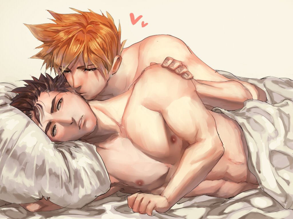 2boys abs bed bed_sheet biceps bitaro blanket brown_eyes brown_hair couple deltoids eye_contact green_(pokemon) hand_on_another&#039;s_shoulder hand_on_shoulder heart kiss looking_at_another lying male_focus multiple_boys muscular muscular_male nintendo nipples on_side orange_hair pectorals pillow pokemon pokemon_sm red_(pokemon) red_(pokemon_sm) short_hair spiked_hair topless_female topless_male yaoi
