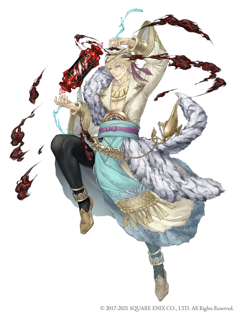 1boy aladdin_(sinoalice) anklet blonde_hair blue_eyes bracer chain collarbone full_body fur_trim gold_trim jewelry ji_no looking_at_viewer necklace official_art oil_lamp sash scroll sinoalice smoke solo square_enix white_background