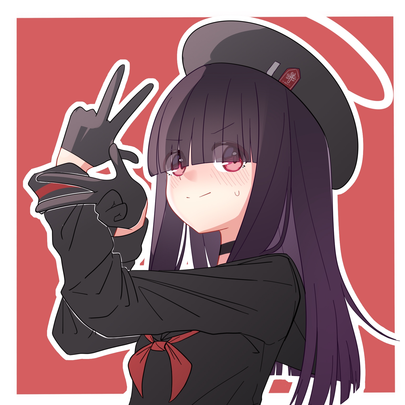 1girl beret black_choker black_gloves black_hair black_hat black_shirt blue_archive blunt_bangs blunt_ends border choker closed_mouth commentary_request double_w eyes_visible_through_hair gloves hair_over_eyes half_gloves halo hat highres justice_task_force_member_(blue_archive) long_hair long_sleeves neckerchief outline outside_border purple_hair red_background red_eyes red_neckerchief school_uniform serafuku shirt sidelighting simple_background smile solo sora23174 split_mouth sweatdrop tareme upper_body v-shaped_eyebrows w white_border white_outline