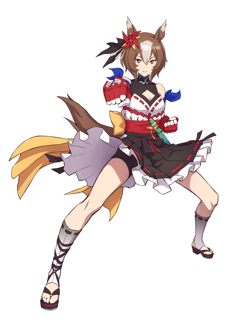 1girl animal_ears bare_shoulders black_ribbon black_shorts black_skirt breasts brown_eyes brown_hair cleavage_cutout clenched_hands clothing_cutout commentary_request fighting_stance full_body gloves hair_between_eyes hair_ribbon hakama hakama_skirt horse_ears horse_girl horse_tail japanese_clothes looking_at_viewer multicolored_hair pinwheel_hair_ornament red_gloves ribbon short_hair shorts shorts_under_skirt simple_background skirt small_breasts solo tail tenkey2022 two-tone_hair umamusume white_background white_hair yaeno_muteki_(umamusume)
