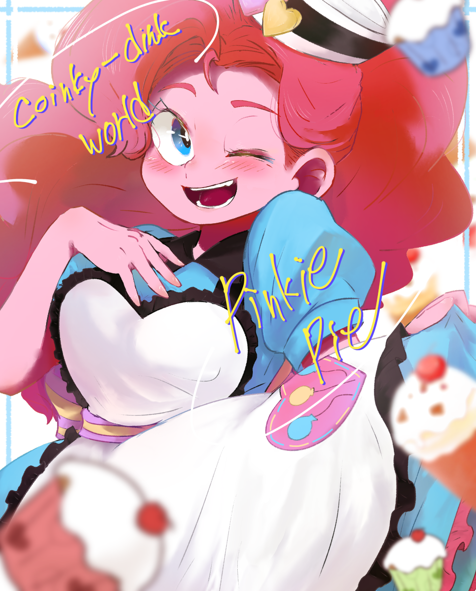 1girl ametorin_(pixiv26156012) apron blue_dress blue_eyes breasts colored_skin commentary cupcake curly_hair dress food hasbro hat heart long_hair looking_at_viewer my_little_pony my_little_pony:_equestria_girls my_little_pony:_friendship_is_magic official_alternate_costume one_eye_closed open_mouth personification pink_hair pink_skin pinkie_pie pinkie_pie_(equestria_girls) skirt_hold smile solo star-shaped_pupils star_(symbol) symbol-shaped_pupils waitress white_apron